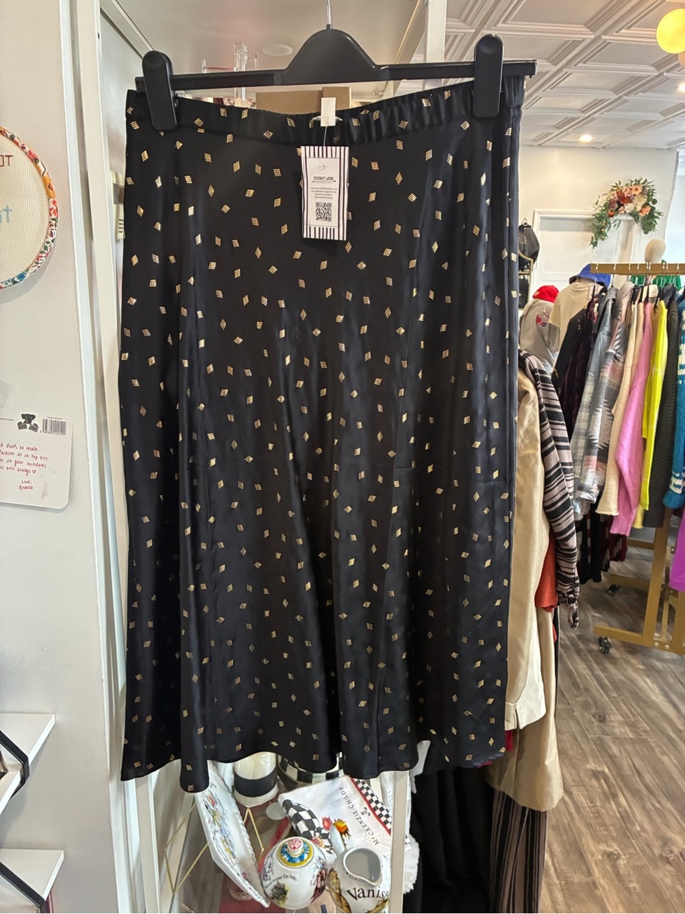 Garnet Hill Black Midi Skirt with Gold Square Print